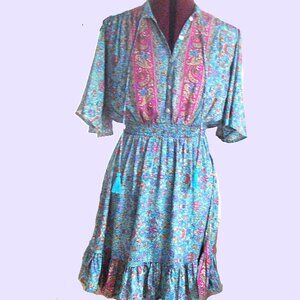 Boho Flowy Paisley India Silk Blend Dress Butterfly Sleeve Medium Knee Length